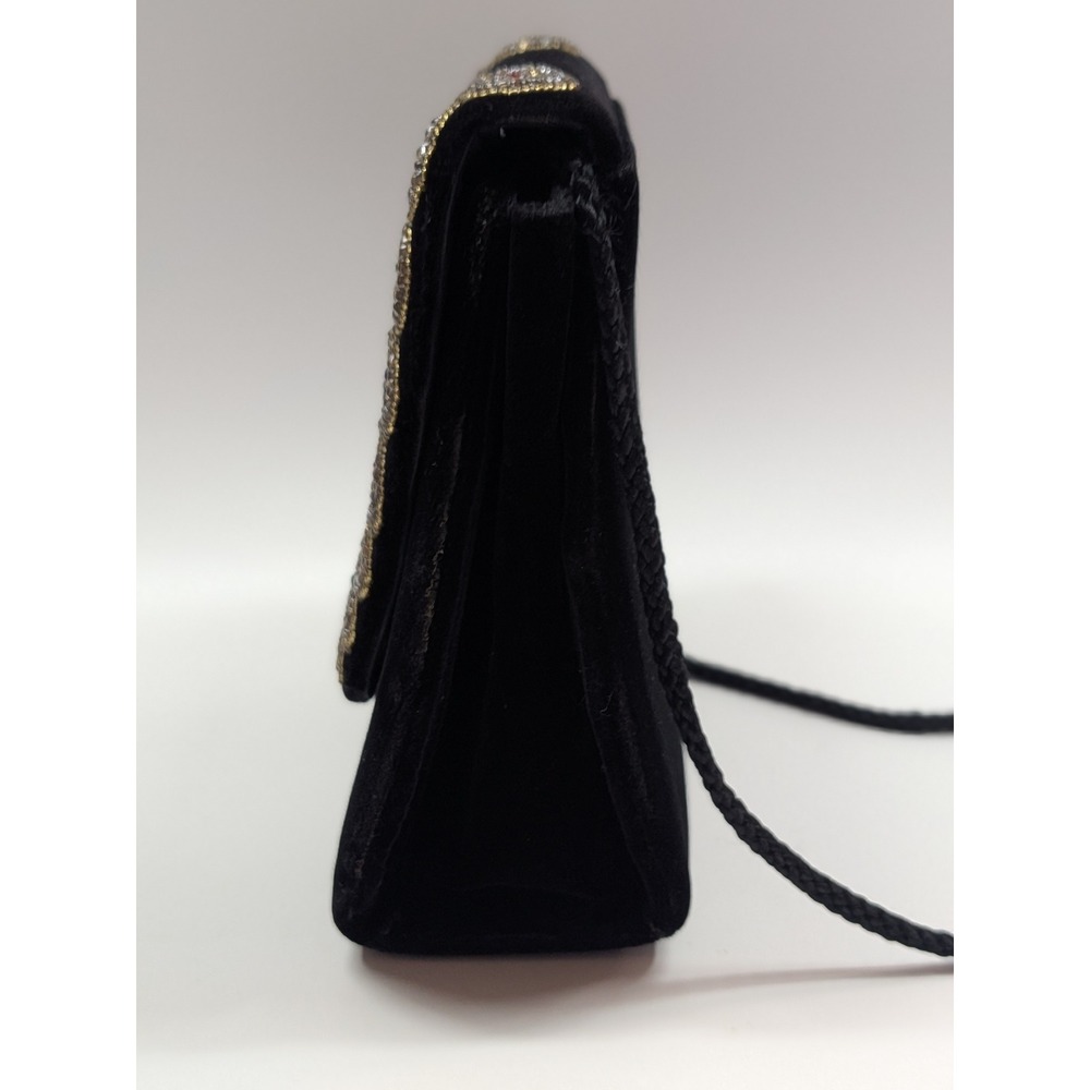 Vintage Style Black Velvet Beaded Crossbody Evening Bag Jeweled Gemstone Clutch - Picture 6 of 16